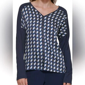 DKNY Knit V-Neck Multi  pattern Ivory Navy knit Long Sleeves pullover top Sz XL